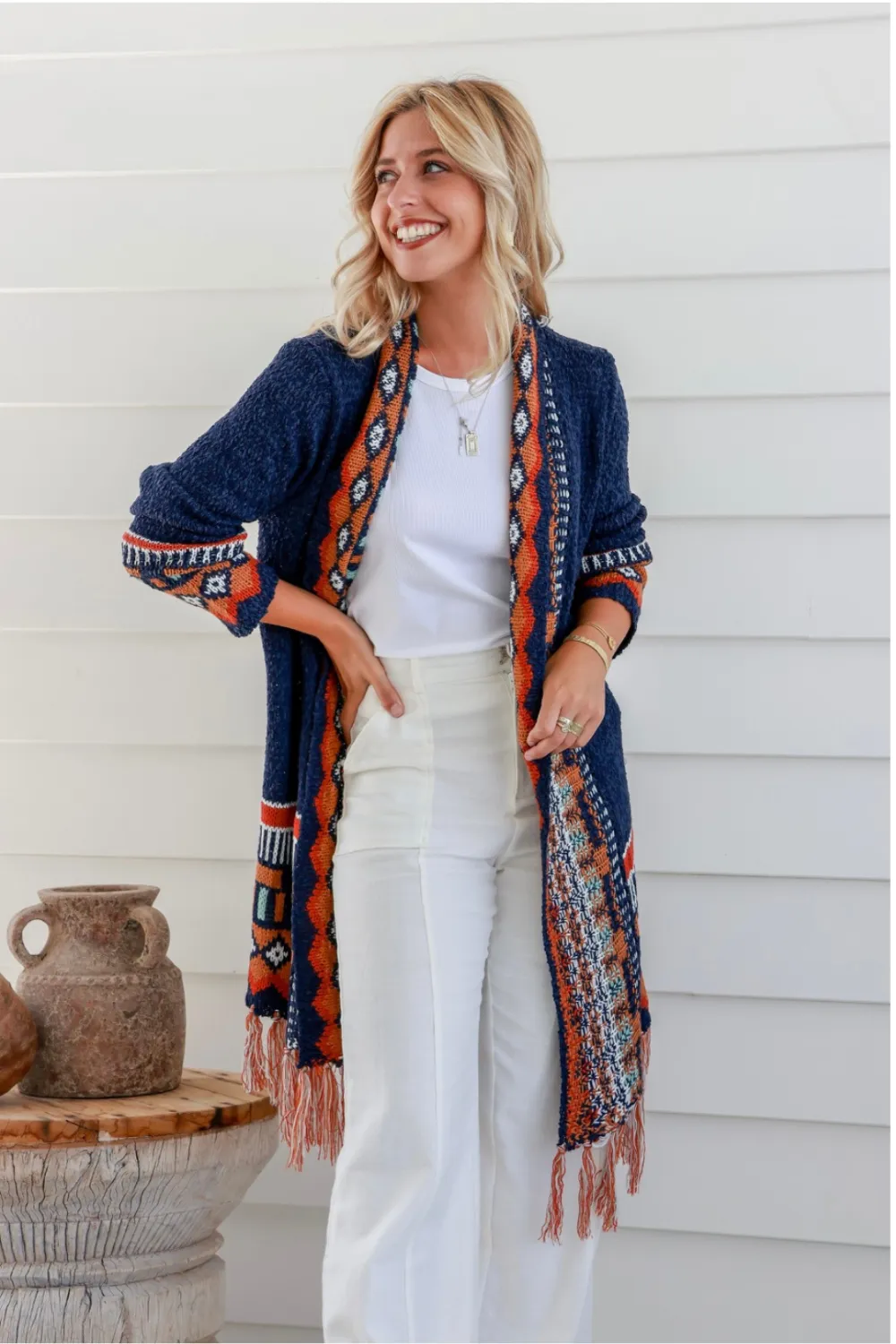 Fringe Cardi -Navy Rust