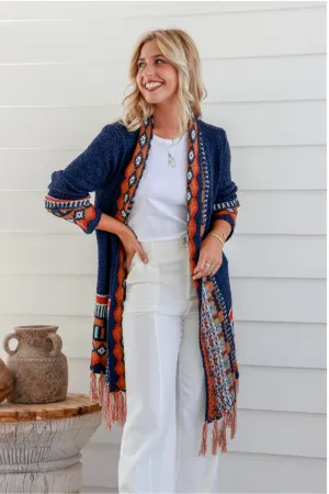 Fringe Cardi -Navy Rust