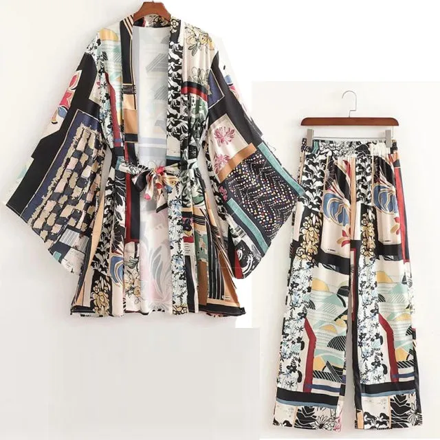 Fun Leisure Pajama Style Women's Long ZaKimono Matching pants 2pc Sets
