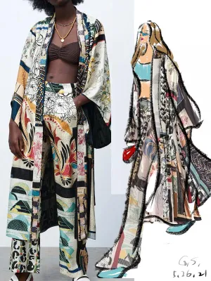 Fun Leisure Pajama Style Women's Long ZaKimono Matching pants 2pc Sets