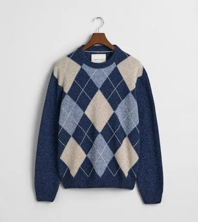 GANT Argyle Crew Neck Sweater in Evening Blue