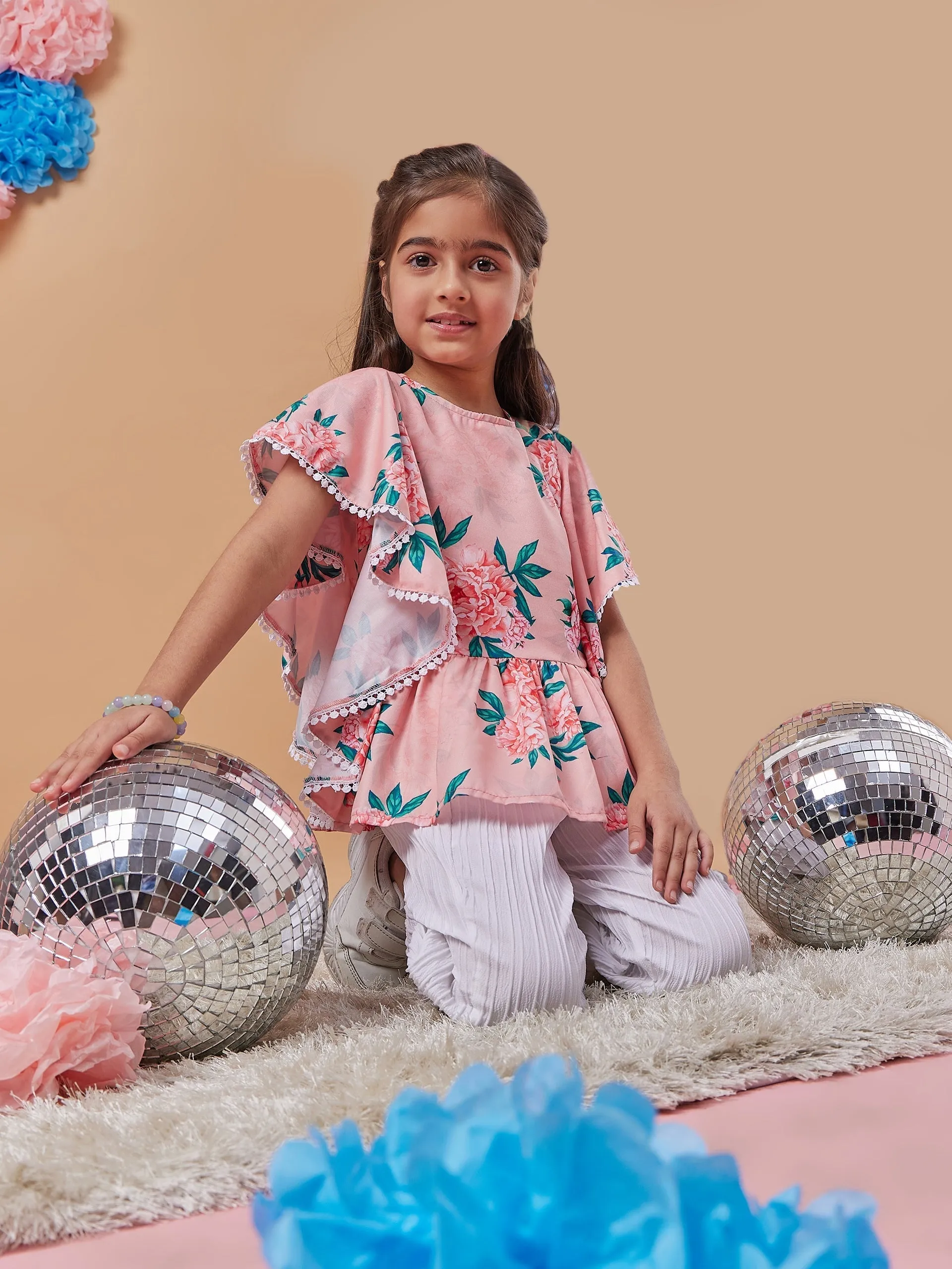 Girls Floral Printed Kimono Sleeve Top With Trousers - PS Peaches