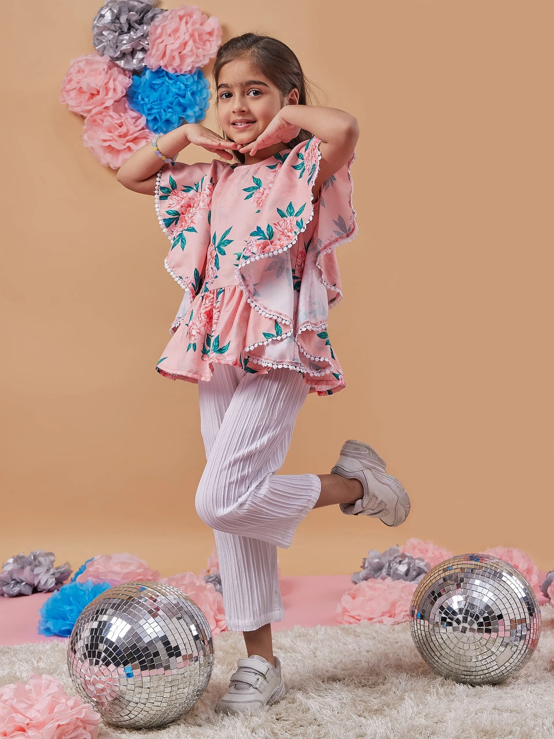 Girls Floral Printed Kimono Sleeve Top With Trousers - PS Peaches