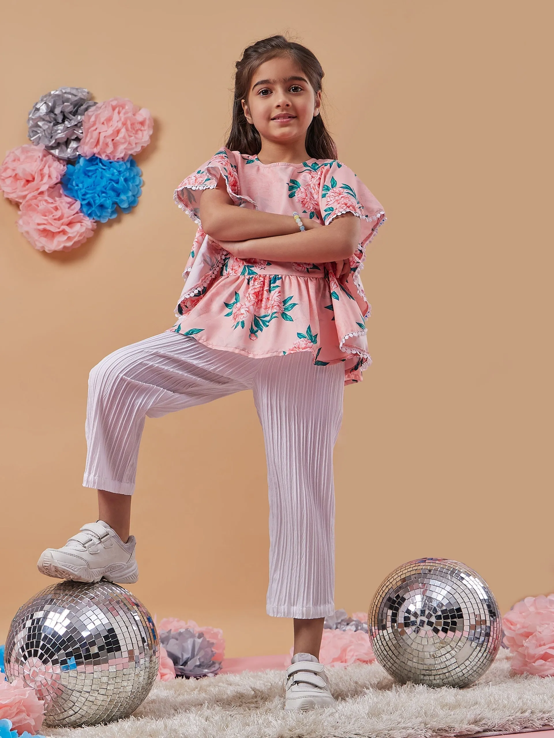 Girls Floral Printed Kimono Sleeve Top With Trousers - PS Peaches