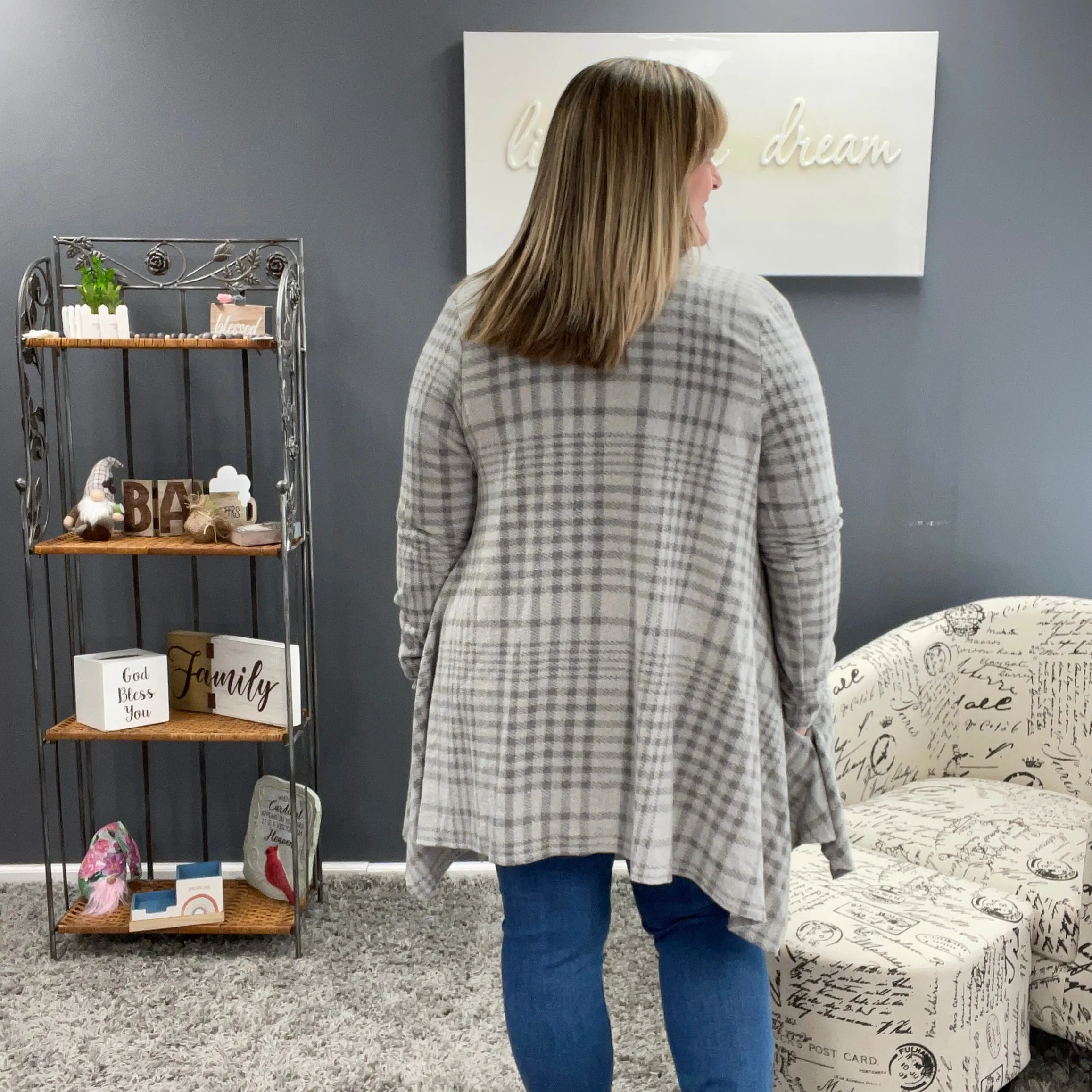 Gray Plaid Fleecy Cardigan