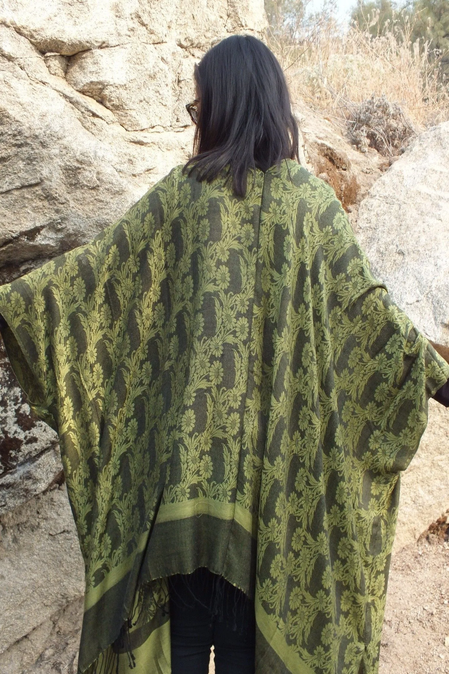 Green Floral Ruana Oversized Long Jacket Poncho Kimono Top One size
