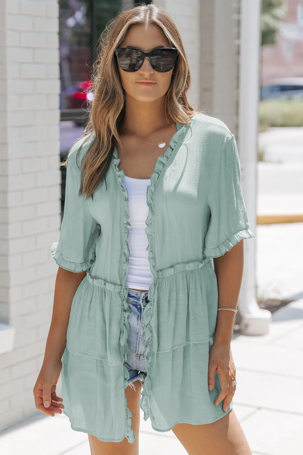 Green Ruffled Trim Half Sleeve Open Front Kimono
