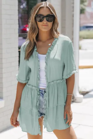 Green Ruffled Trim Half Sleeve Open Front Kimono
