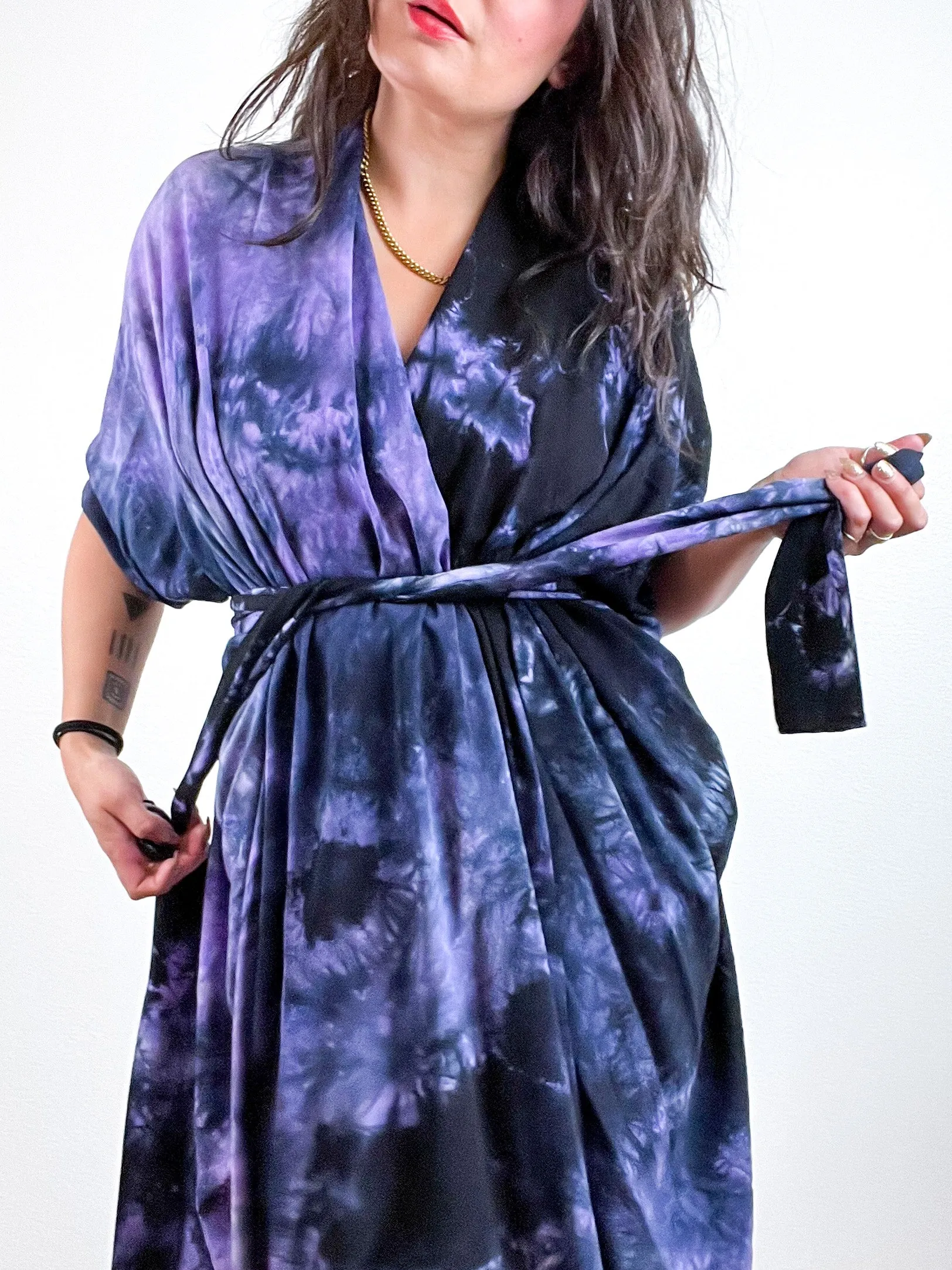Hand-Dyed High Low Kimono Orchid Black Tie