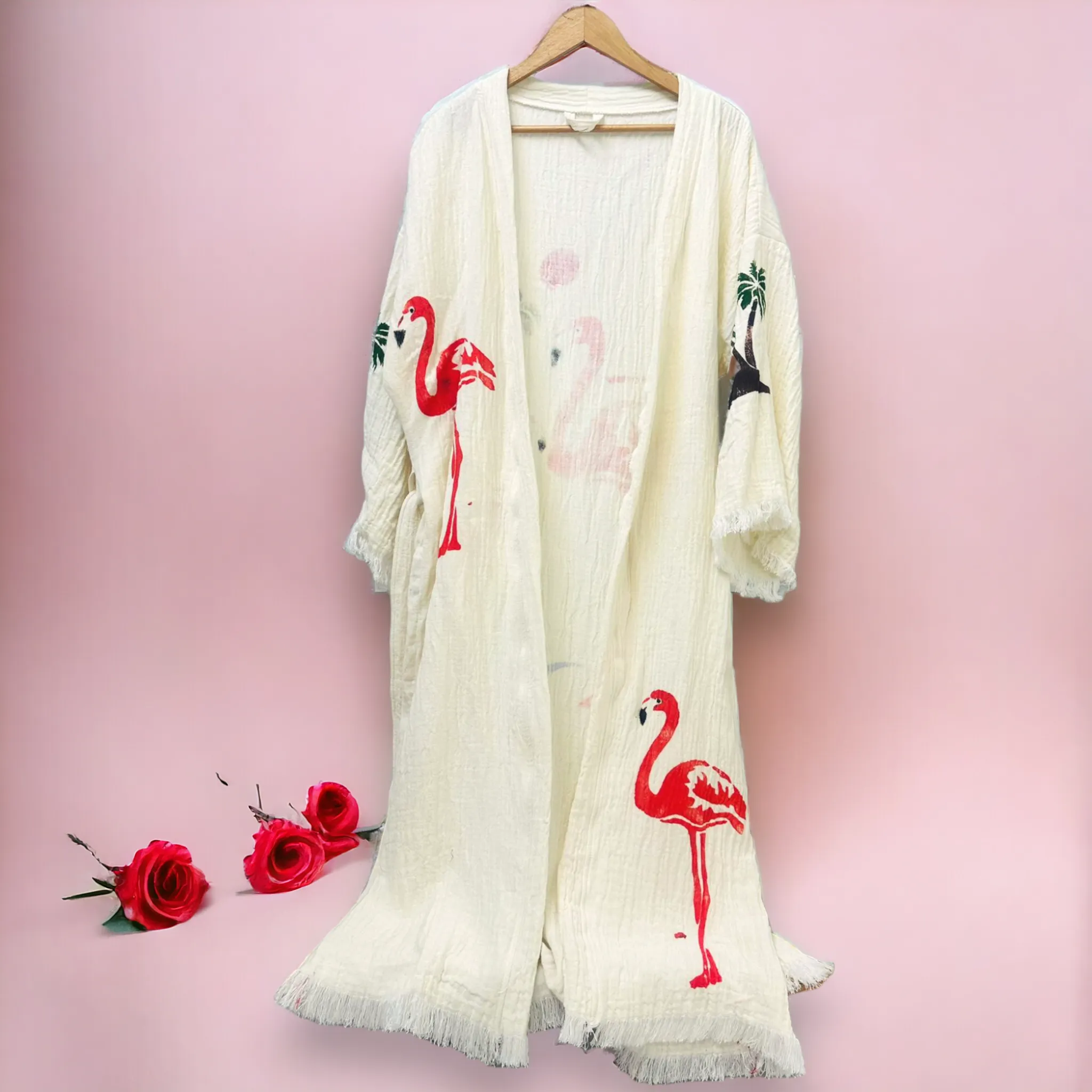 Hand-Made Block Print Flamingo Design Turkish Towel Kimono Robe Kaftan