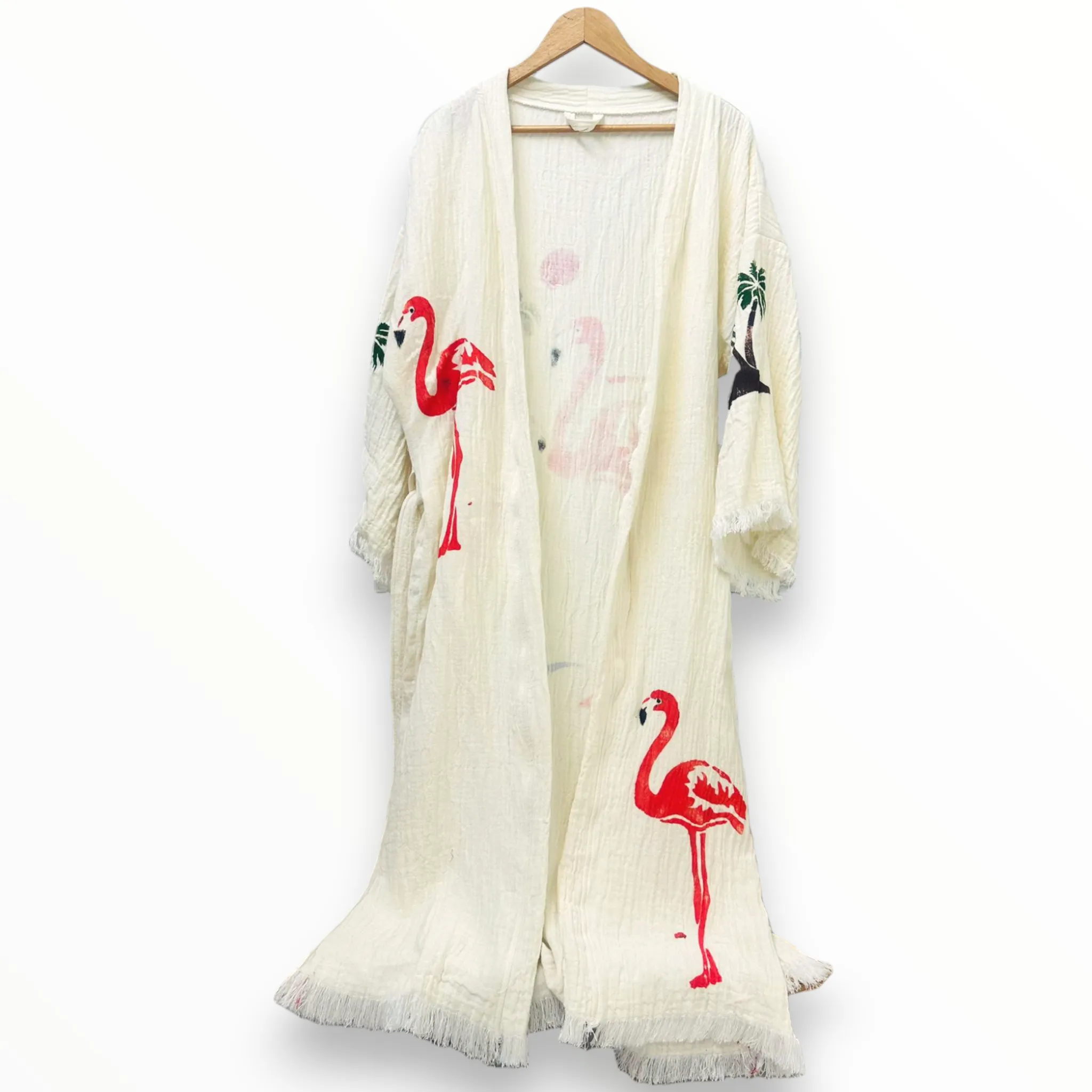 Hand-Made Block Print Flamingo Design Turkish Towel Kimono Robe Kaftan