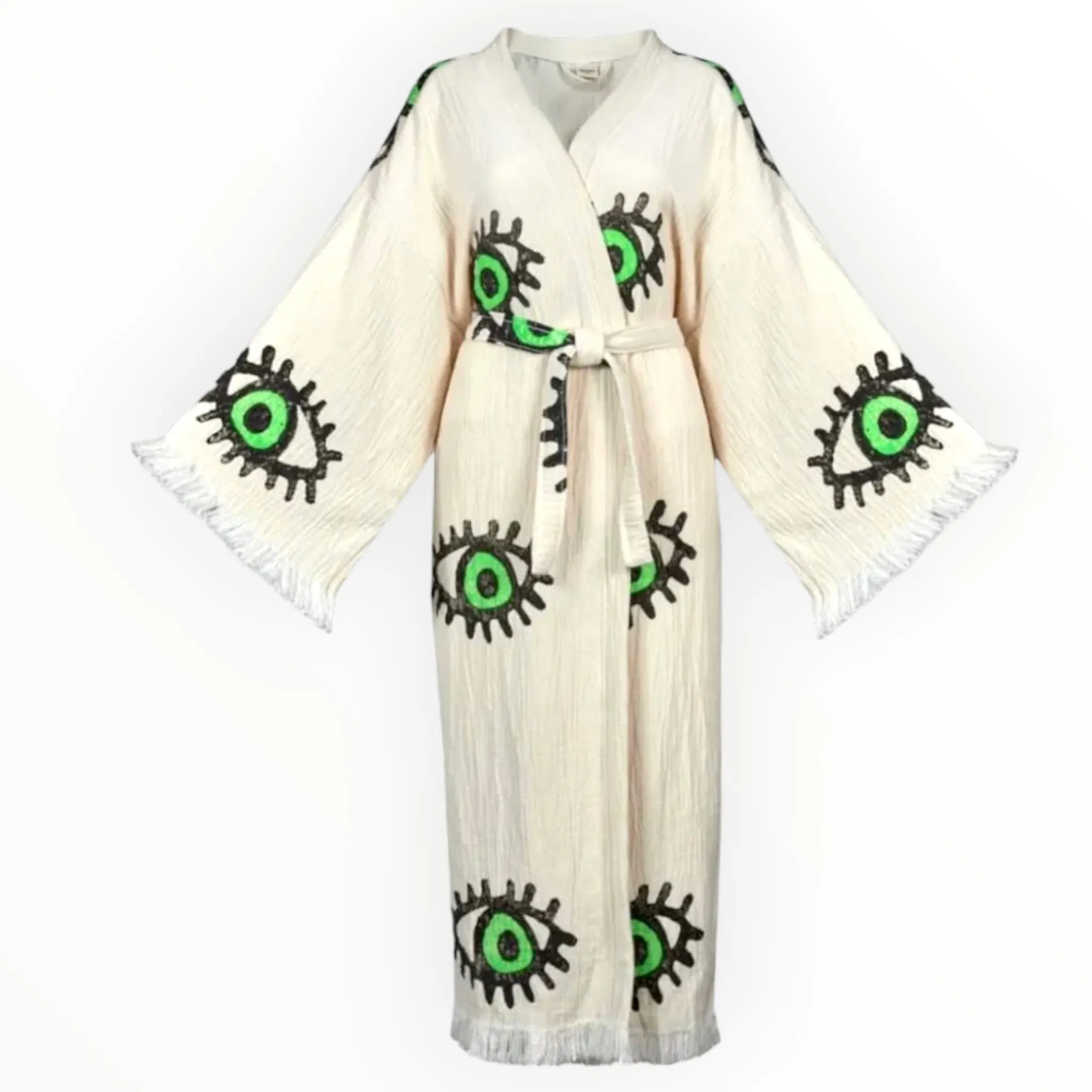 Hand-Made Block Print Green Evil Eye Design Turkish Towel Kimono Robe Kaftan