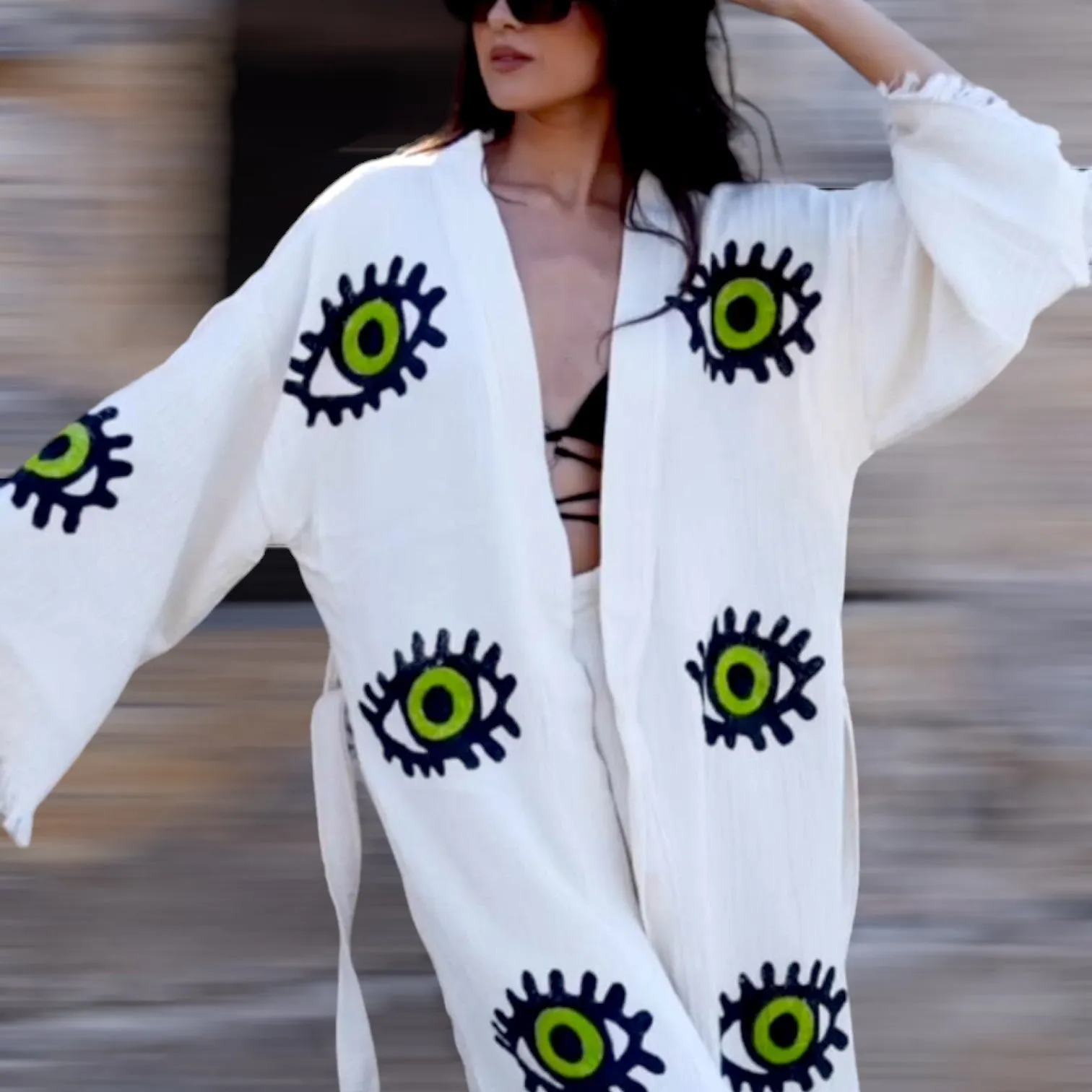 Hand-Made Block Print Green Evil Eye Design Turkish Towel Kimono Robe Kaftan