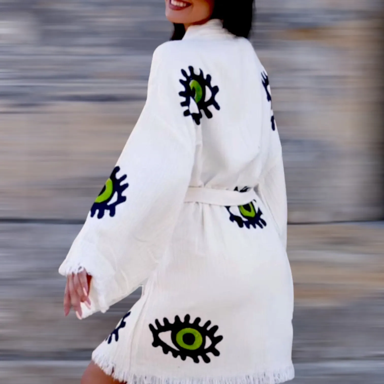 Hand-Made Block Print Green Evil Eye Design Turkish Towel Kimono Robe Kaftan