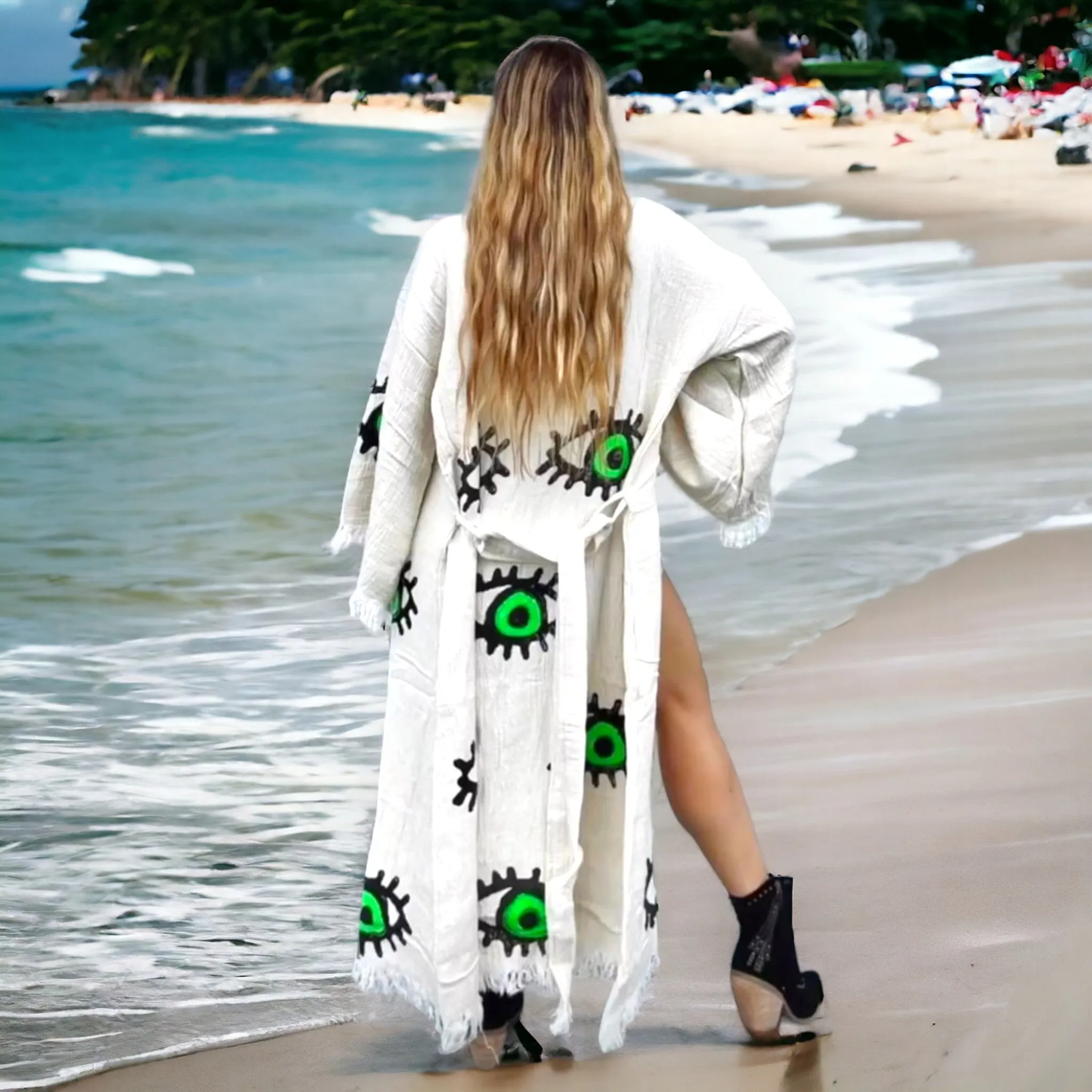 Hand-Made Block Print Green Evil Eye Design Turkish Towel Kimono Robe Kaftan