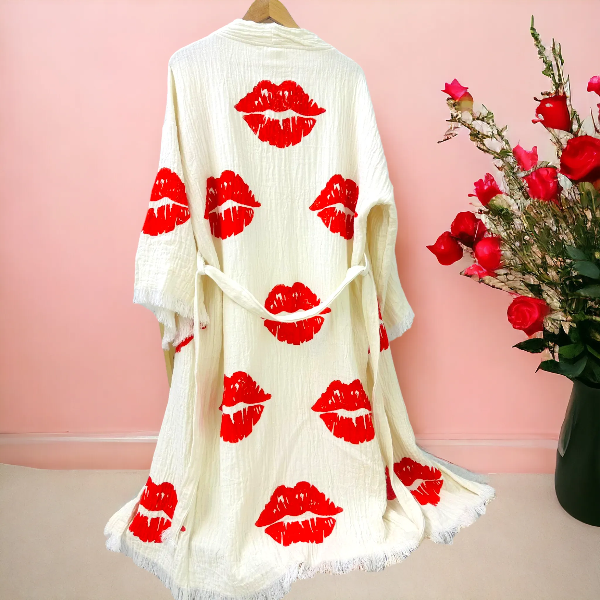 Hand-Made Block Print Lipstick Design Turkish Towel Kimono Robe Kaftan
