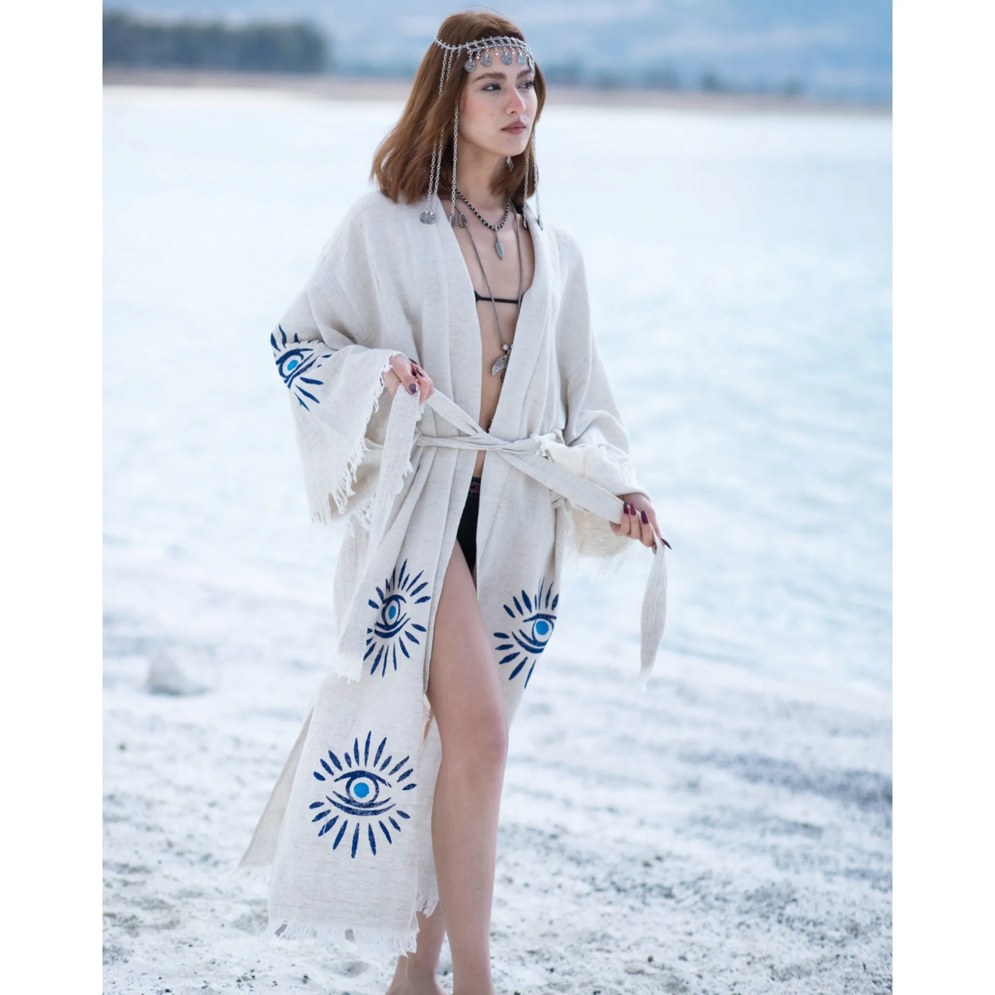 Hand Woven Linen Turkish Evil Eye Nazar Kimono Robe