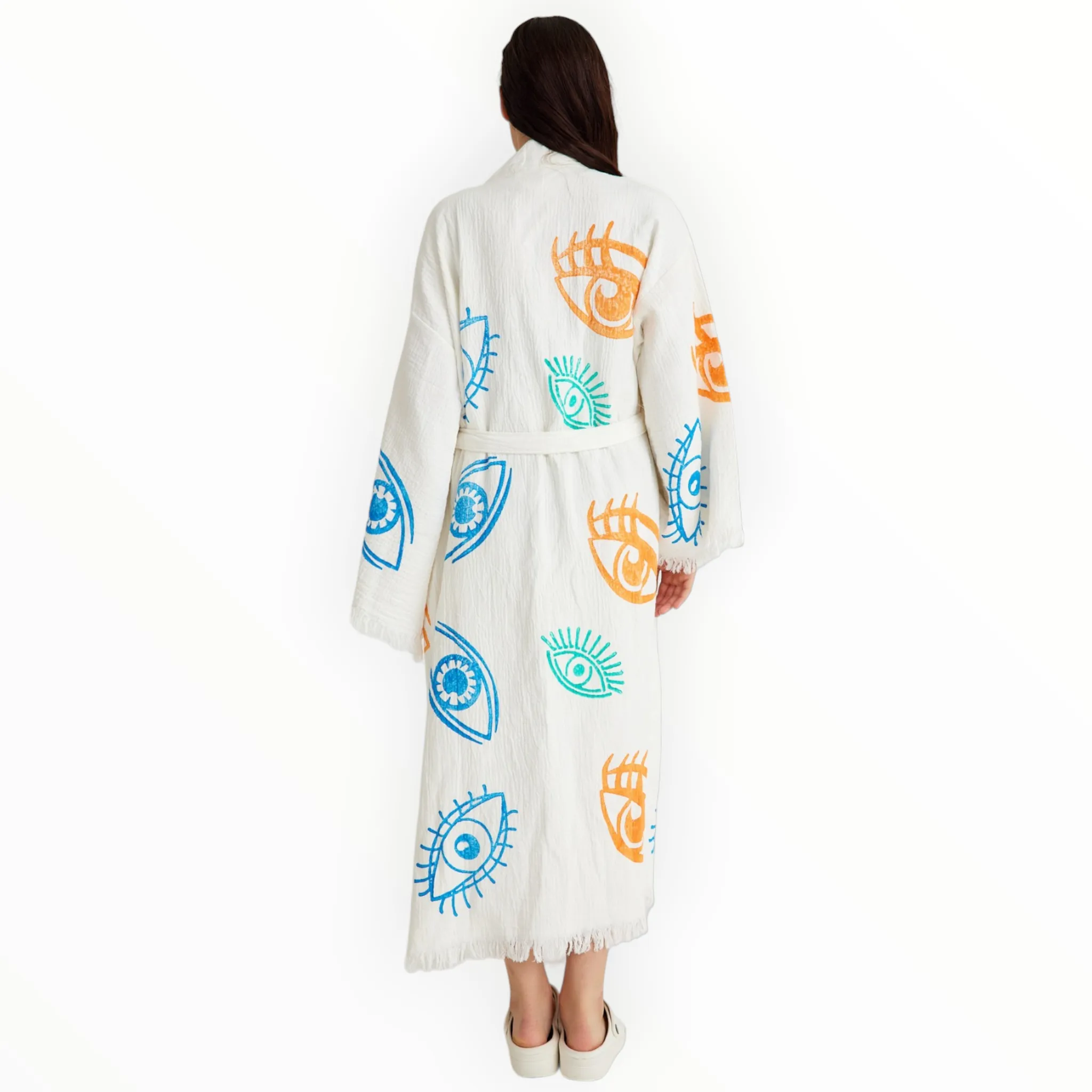Handmade 100% Natural Turkish Cotton Kimono with Muslin Fabric and Evil Eye
