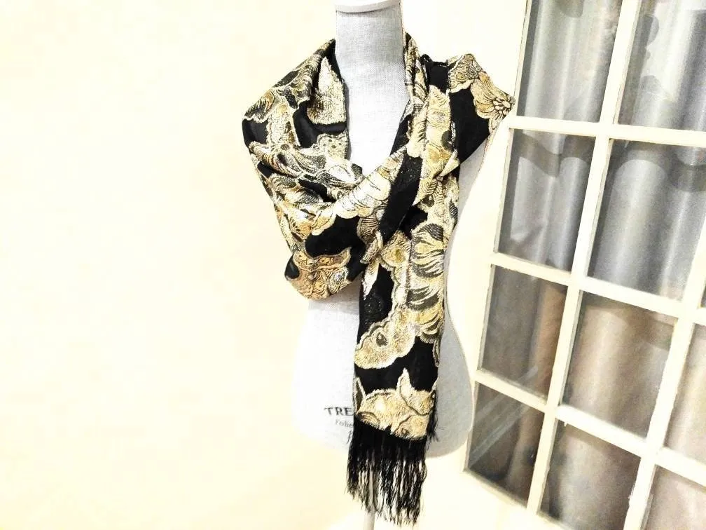 Holt Renfrew Designer Fringed Long Scarf – Black, Silver & Gold, Elegant Italian-Made Foulard, 70” x 20.5”, Timeless Statement Piece