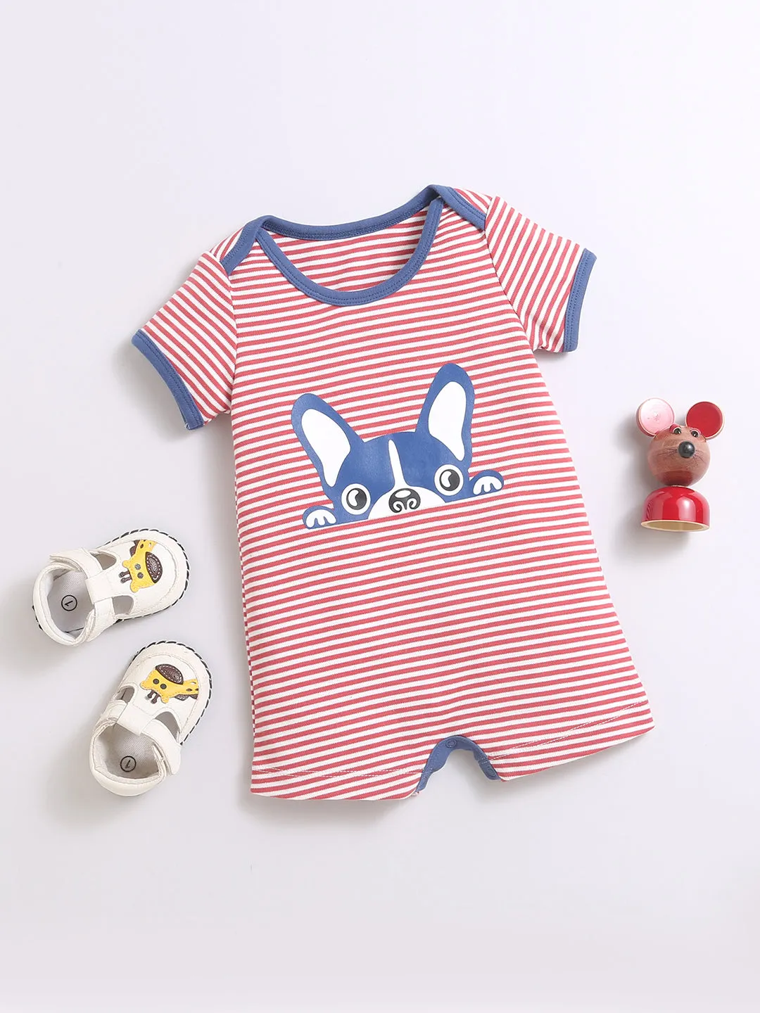 Horizontal Strip Cat Print Lap Shoulder Half Romper For Unisex Baby