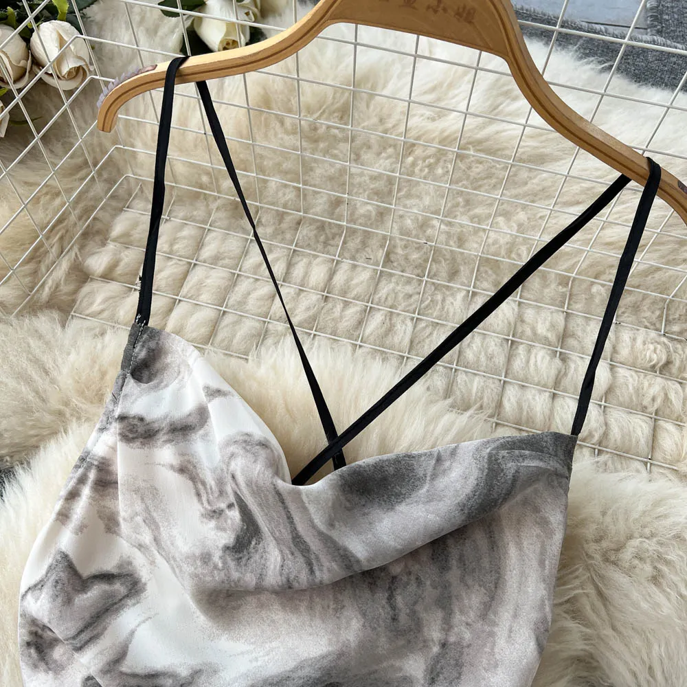 Ink Painting Print Sleeveless Halter Dress