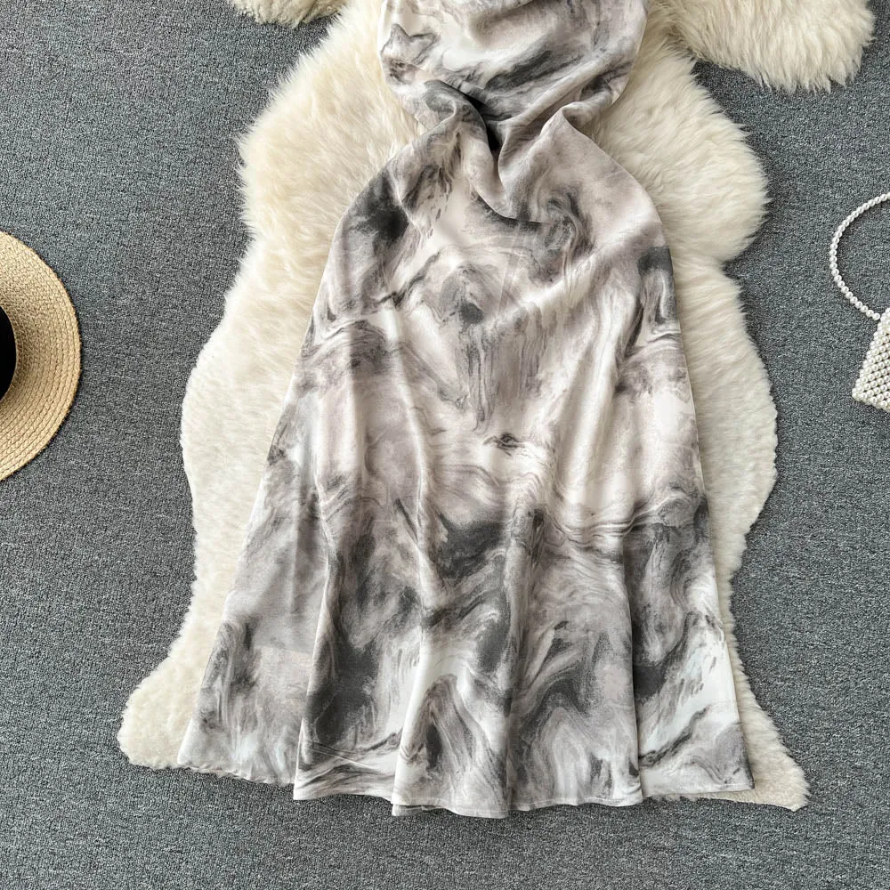Ink Painting Print Sleeveless Halter Dress