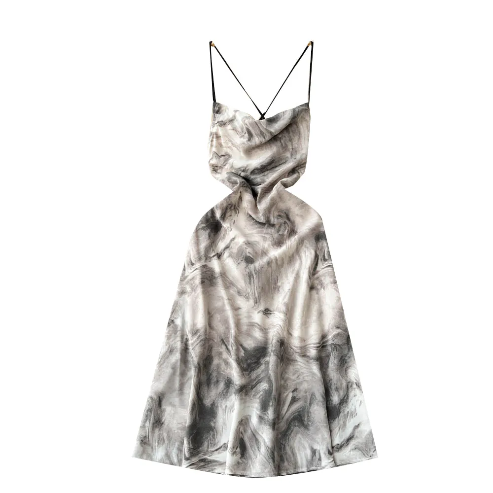 Ink Painting Print Sleeveless Halter Dress