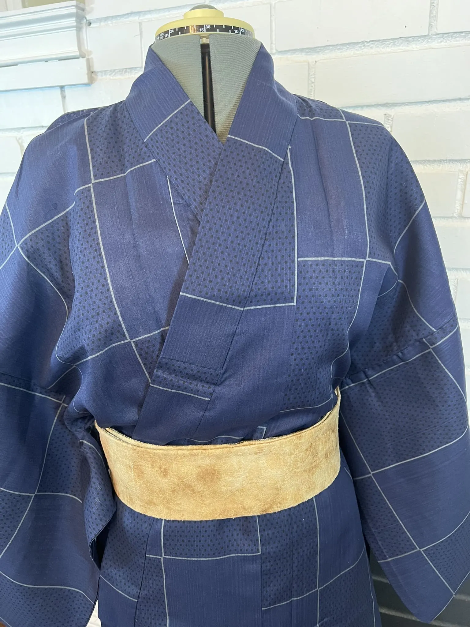 Japanese Traditional Men's YUKATA  / Navy blue with Lattice pattern, Size: LL