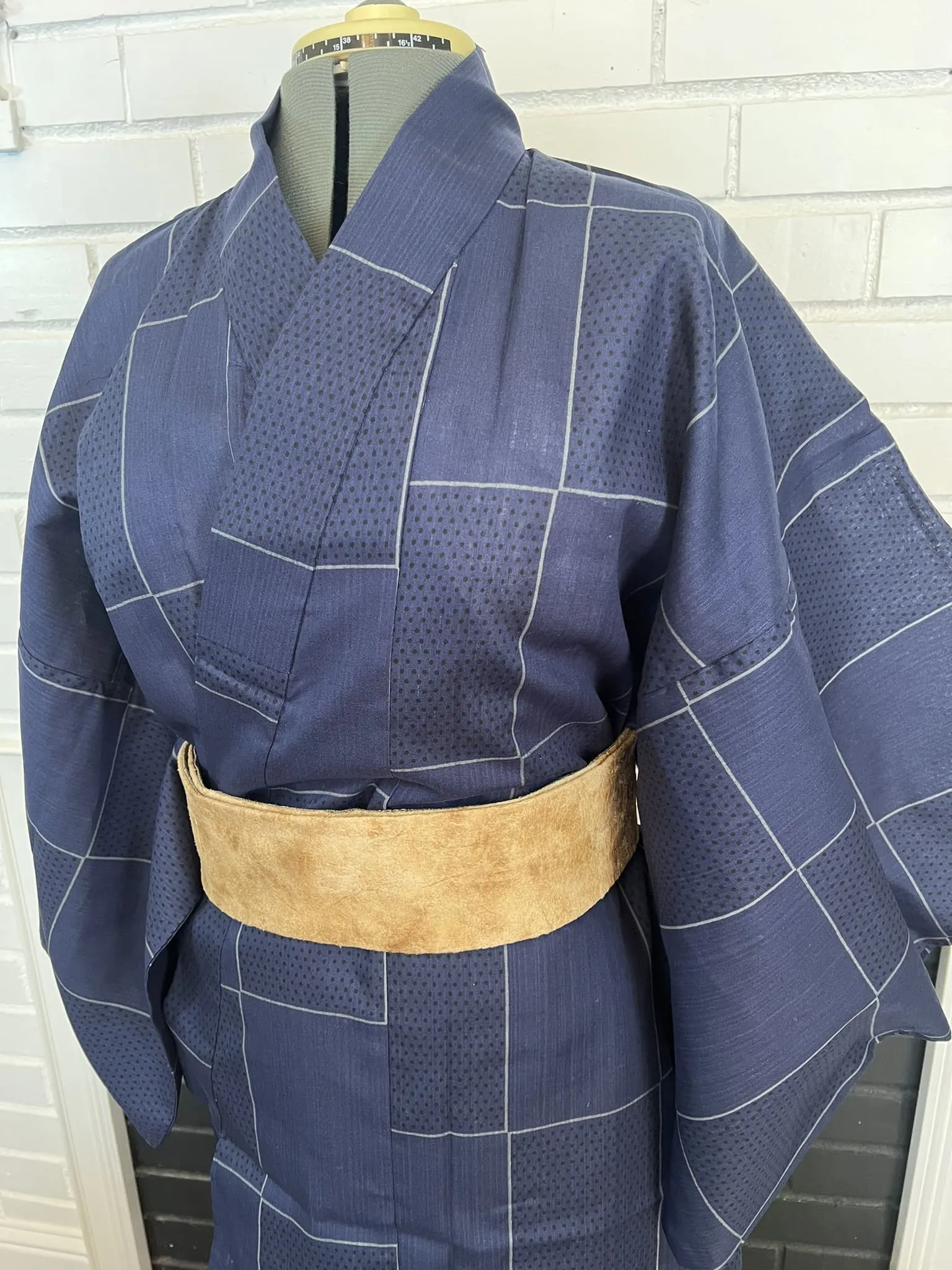 Japanese Traditional Men's YUKATA  / Navy blue with Lattice pattern, Size: LL
