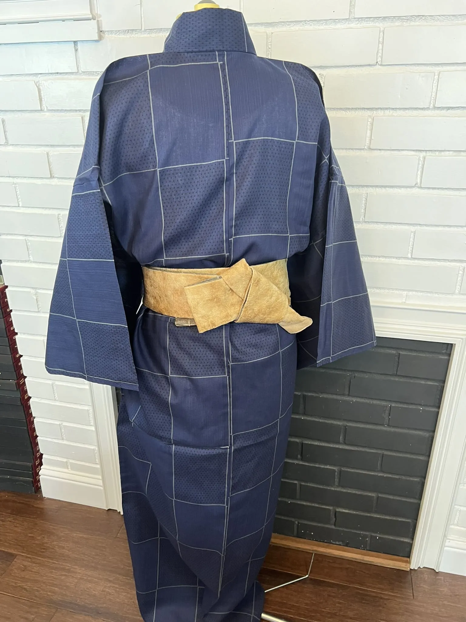 Japanese Traditional Men's YUKATA  / Navy blue with Lattice pattern, Size: LL
