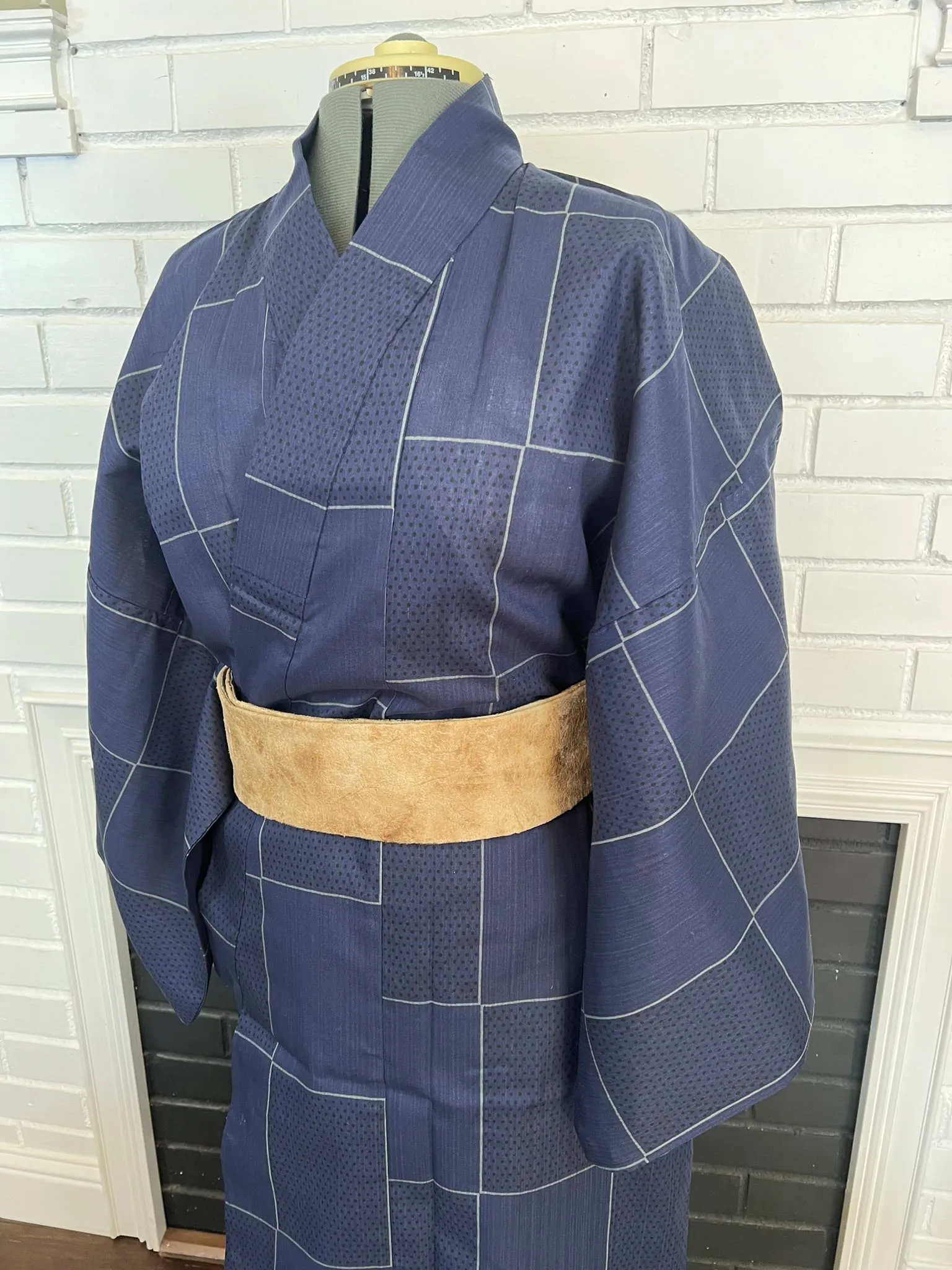 Japanese Traditional Men's YUKATA  / Navy blue with Lattice pattern, Size: LL