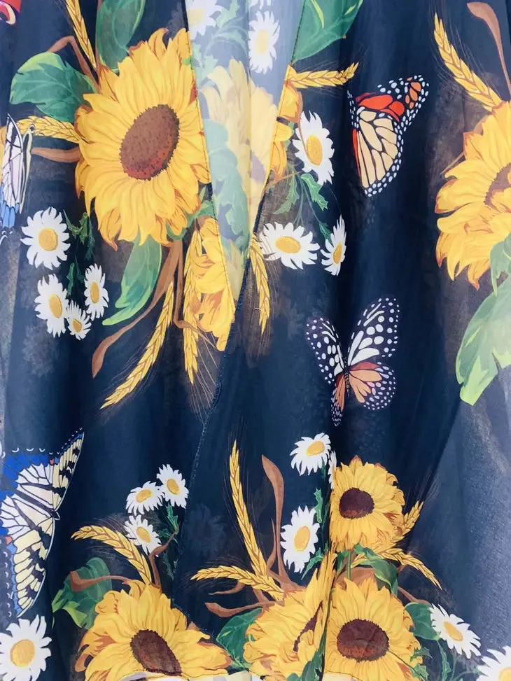 JC062700 Black-Yellow Sunflower Butterfly Kimono