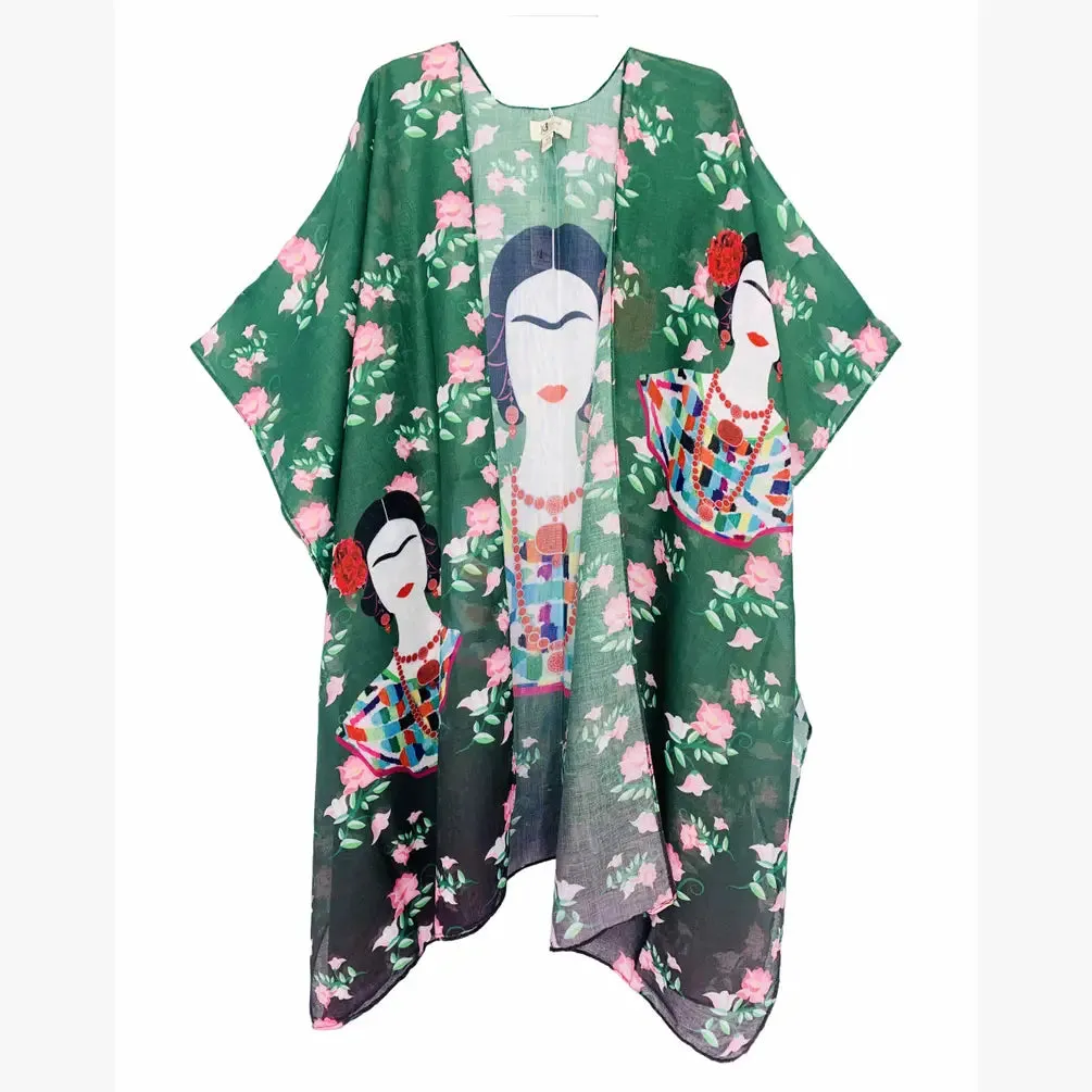 JC062839 Green-Pink Frida Kahlo Art Kimono