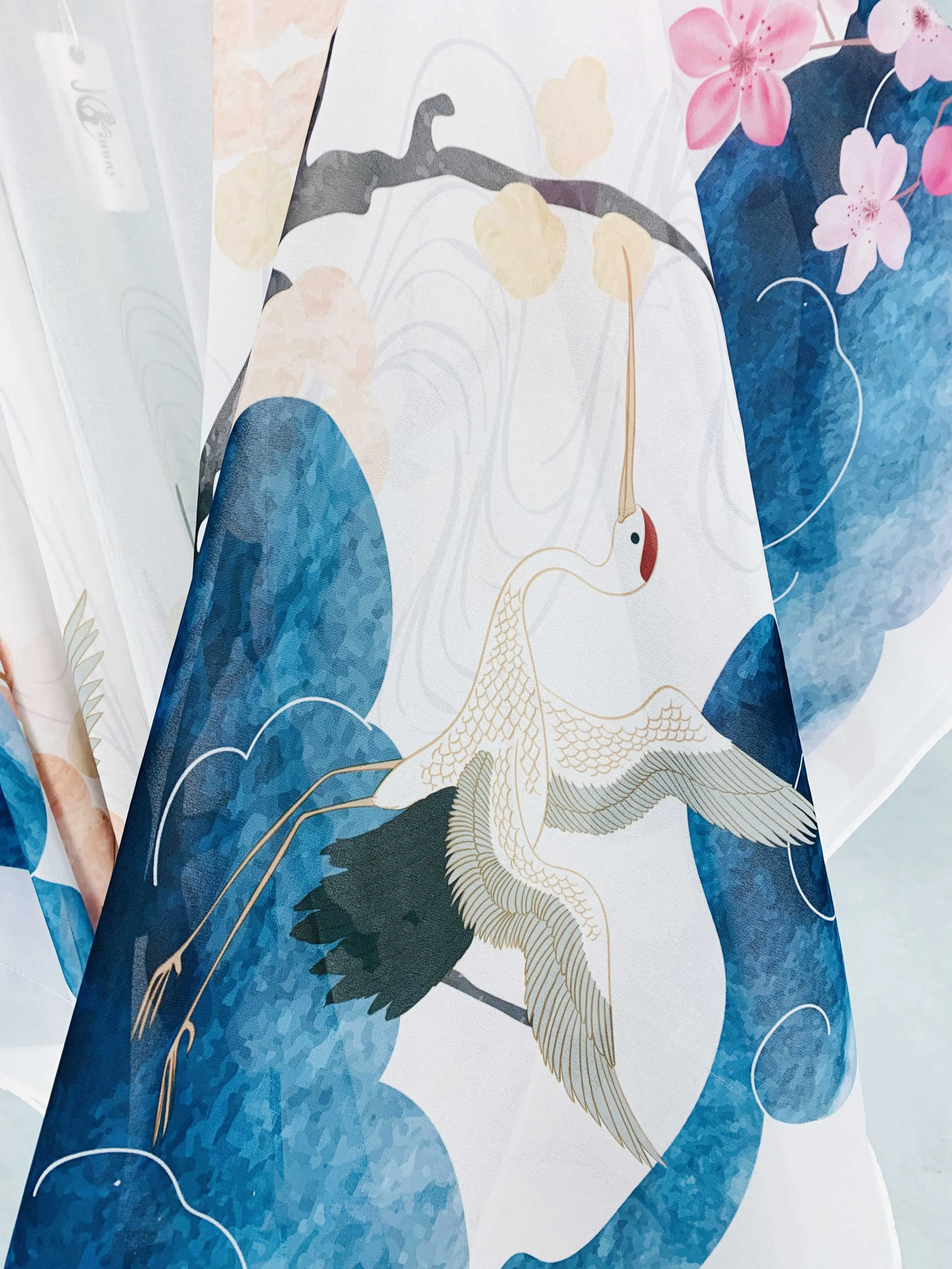 JC071036 Blue-Pink Crane & Floral Kimono