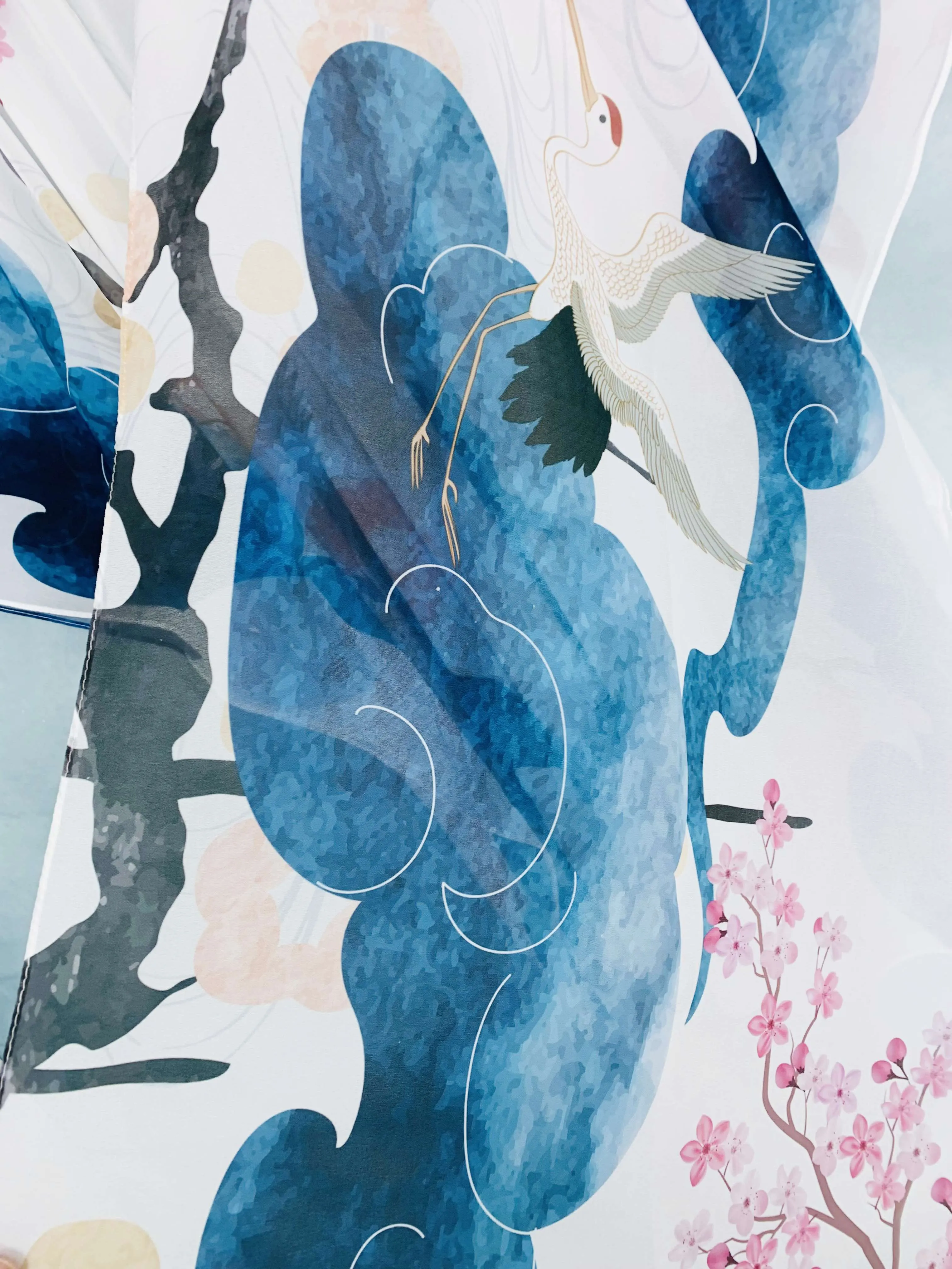 JC071036 Blue-Pink Crane & Floral Kimono