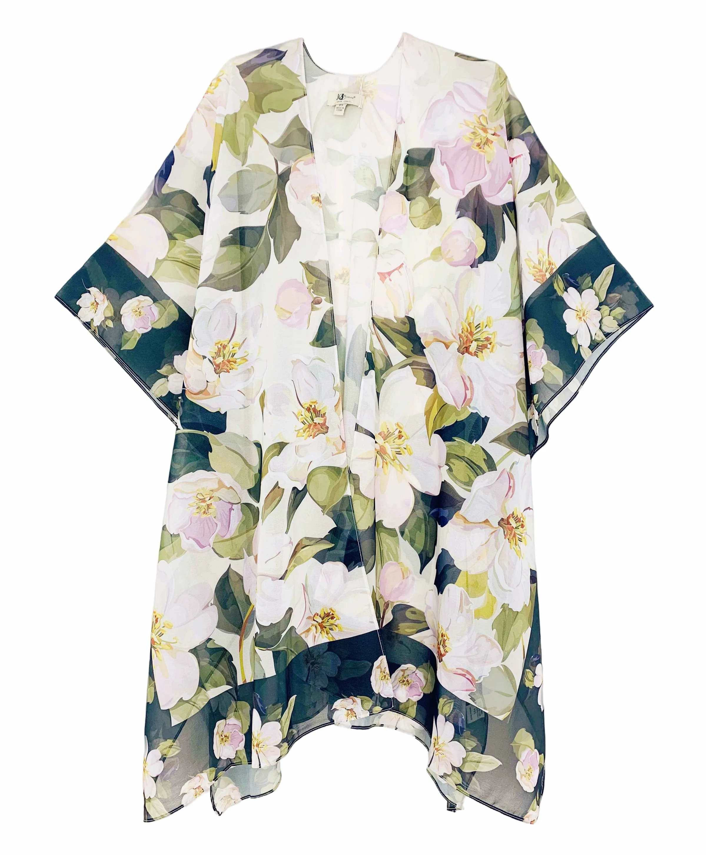 JC071055 Green-Pink Border-Accent Kimono