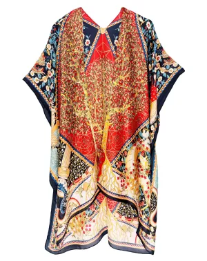 JC083328 Silky Blue-Red Tree Floral Garden Kimono
