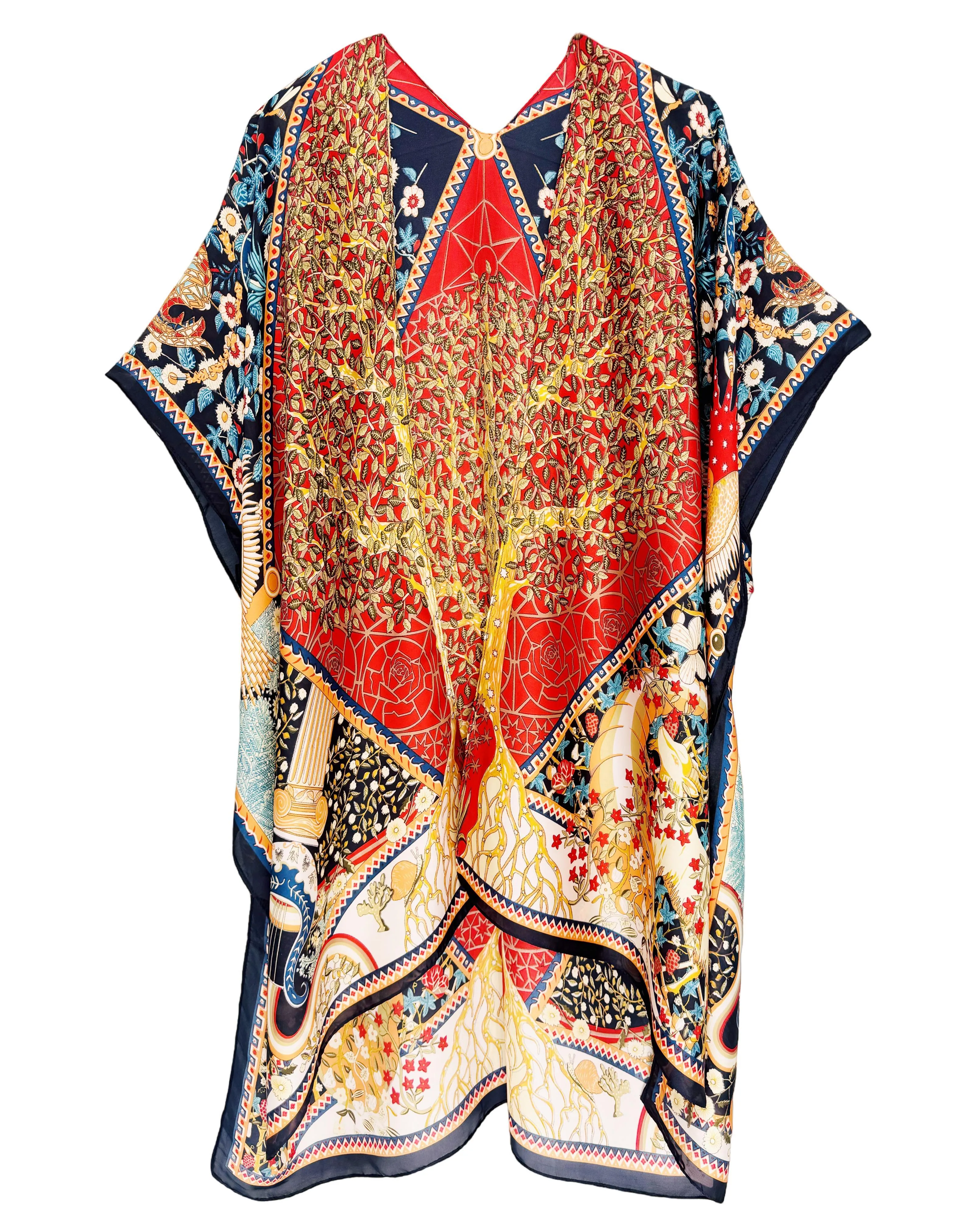 JC083328 Silky Blue-Red Tree Floral Garden Kimono