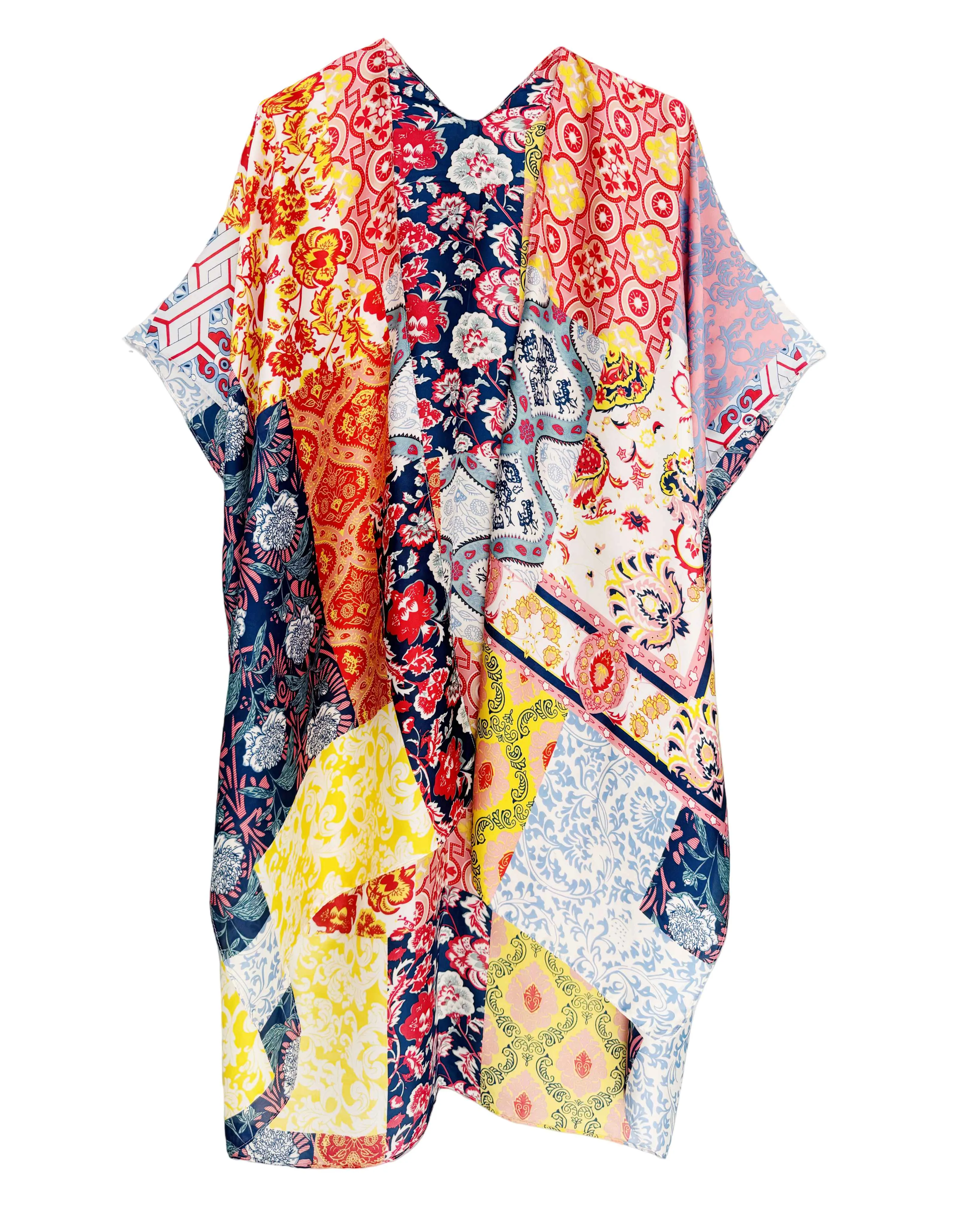 JC083388  Silky Multicolor Floral Patchwork Kimono