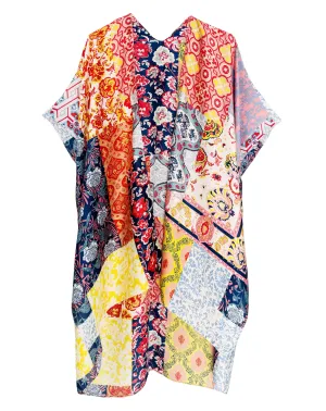 JC083388  Silky Multicolor Floral Patchwork Kimono