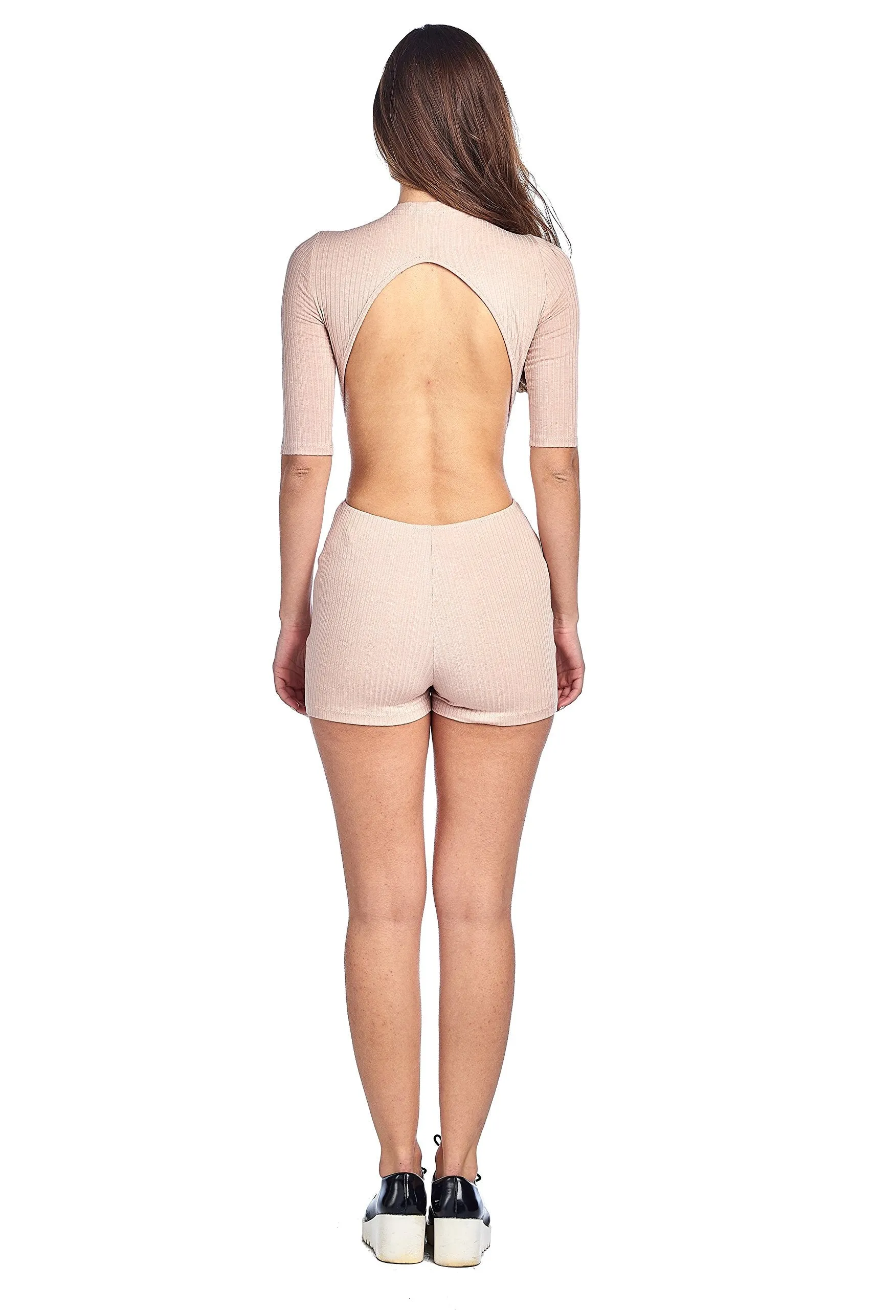 Khanomak 3/4 Sleeve Deep Open Back Side Cutout High Neck Short Ribbed Romper