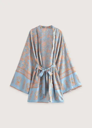 Kimono court fleuri bleu-gris et rosé