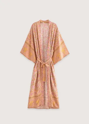 Kimono long rose saumon à motif fleuri