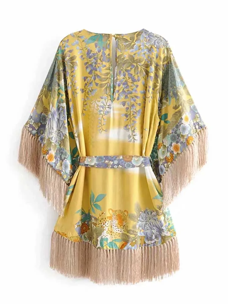 Kimono Mini Dress with Tassels