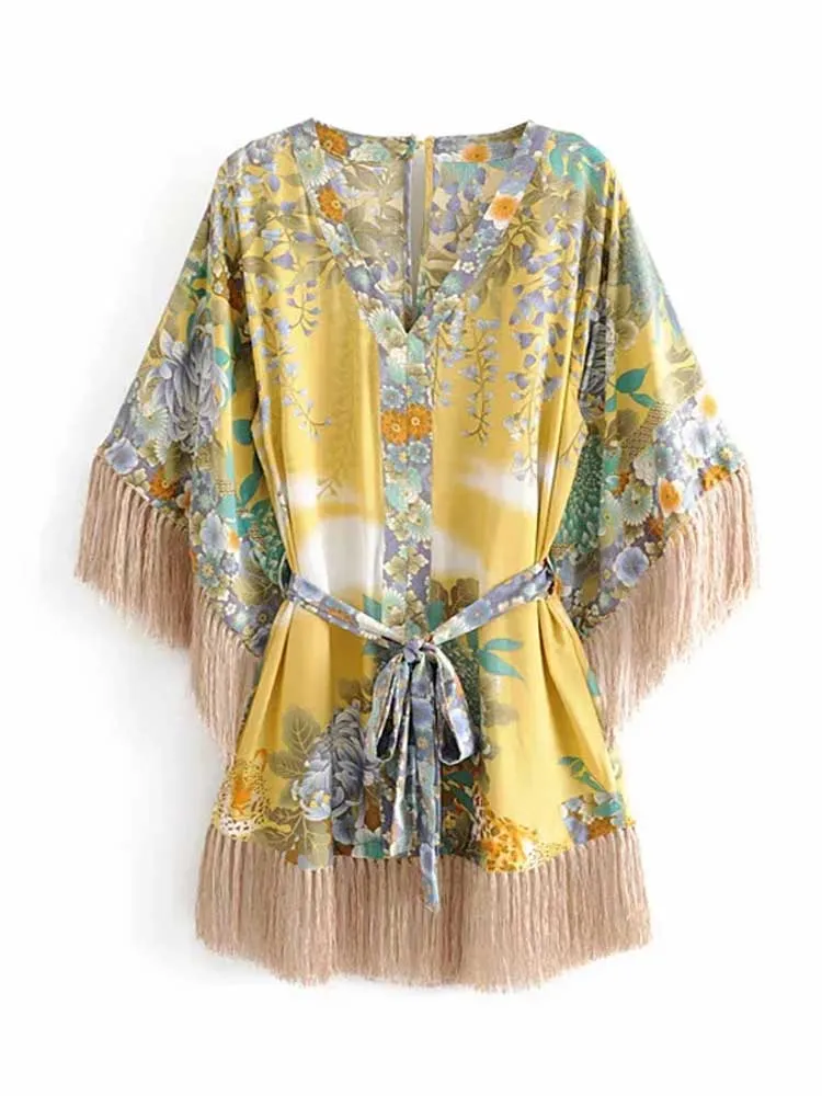 Kimono Mini Dress with Tassels