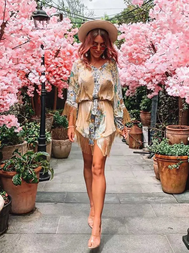 Kimono Mini Dress with Tassels