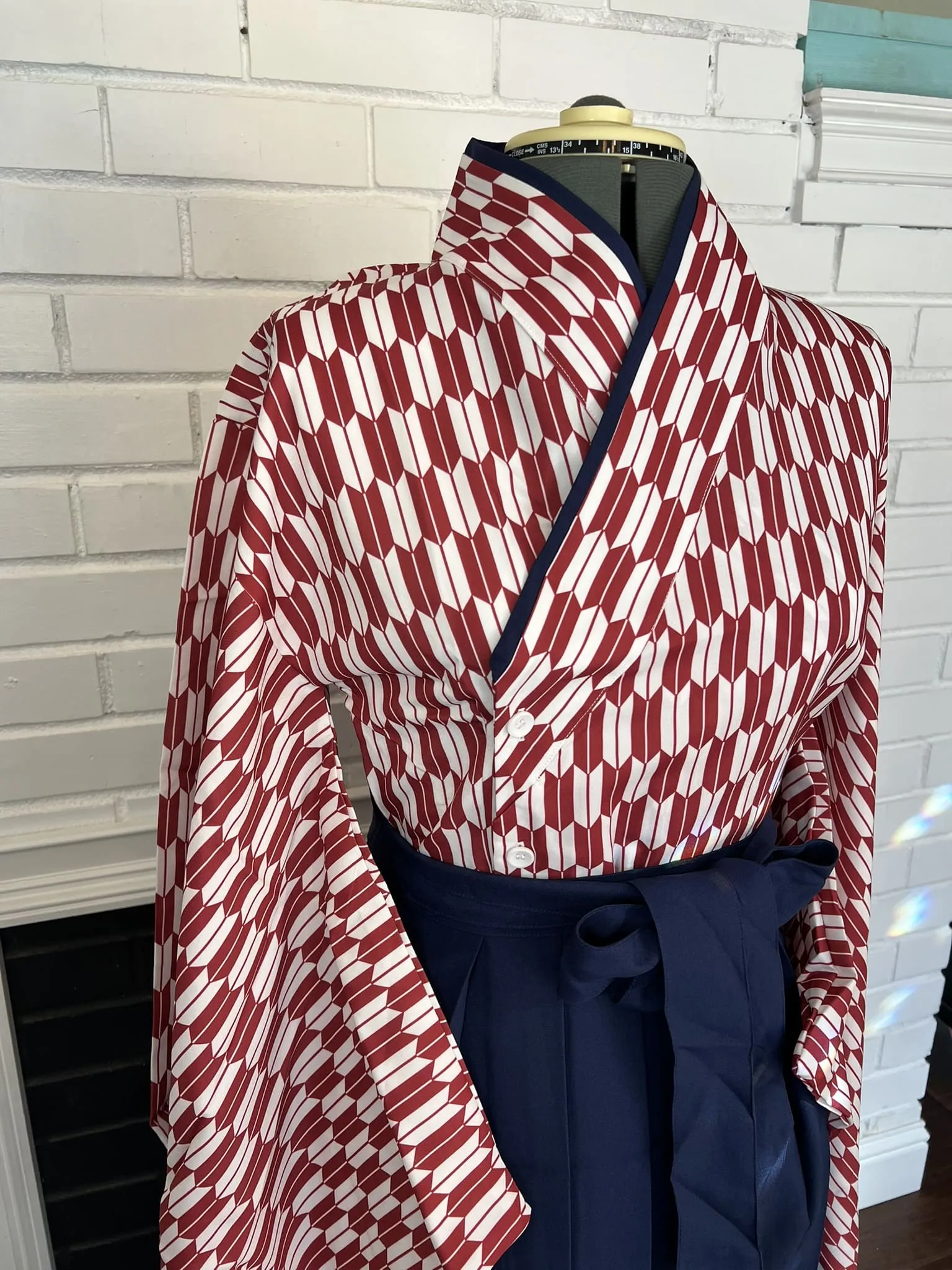 Kimono-style top & Hakama 2 pc set, Asanoha pattern , Size: Free / Women's Retro Japanese style kimono costume