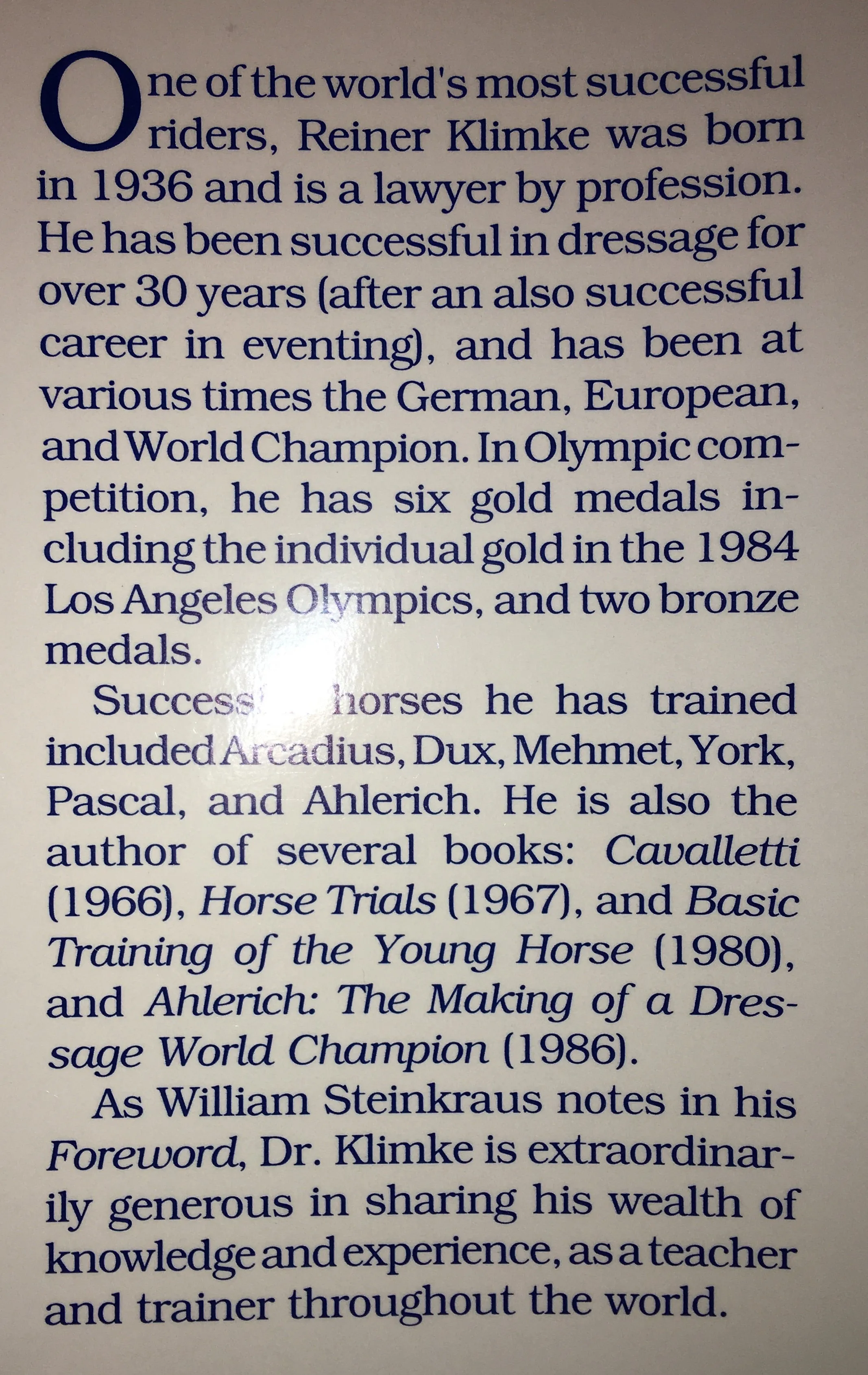 Klimke on Dressage: From the Young Horse Through Grand Prix - gently used hardcover with dust jacket