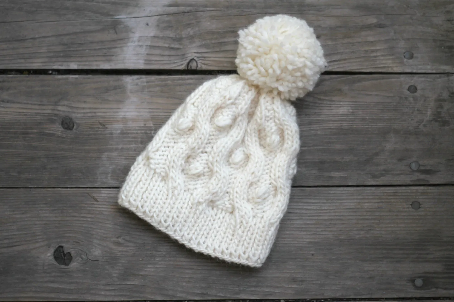 Knit beanie hat in white cream color with pom pom, winter accessories