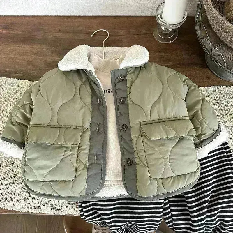 Korean Style Lamb Fur Collar Fleece-lined Thickened Cotton-padded Coat Fashion